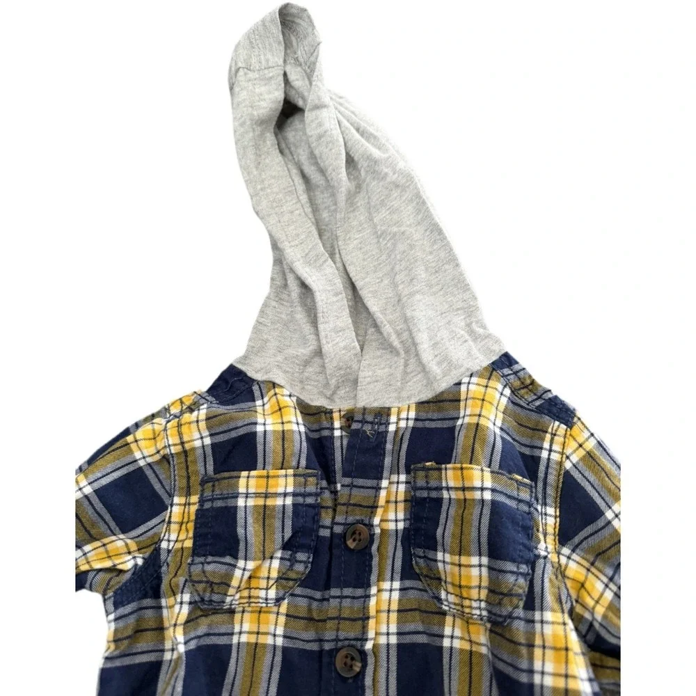 Carter's Baby Boy 9M Plaid Hooded Shirt Navy Yellow Flannel Button Down
